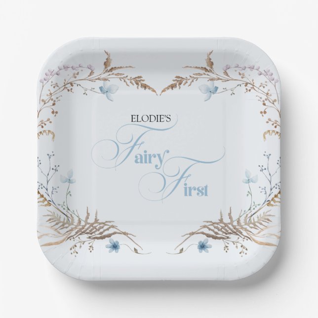 Fairy First Birthday Invitation | Elegant Blue  Paper Plates (Front)