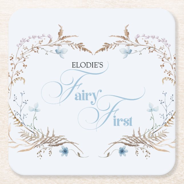 Fairy First Birthday Invitation | Elegant Blue  Square Paper Coaster (Front)