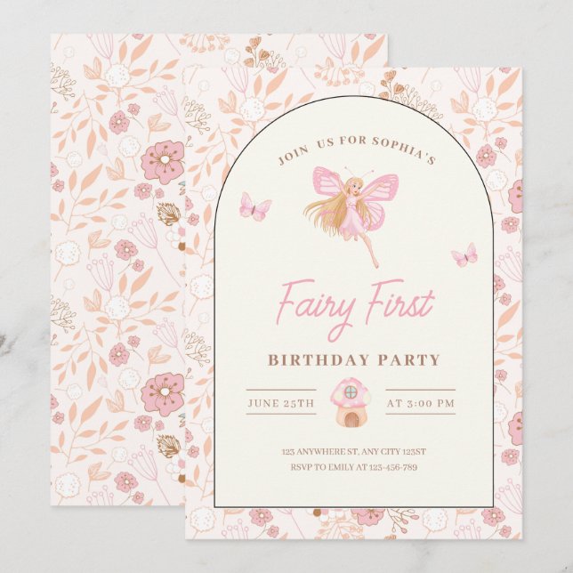 Fairy First Birthday Invitation, Garden birthday  Invitation (Front/Back)