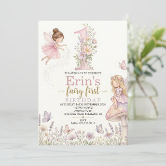Fairy First Birthday Invitation Girls Pink Invite