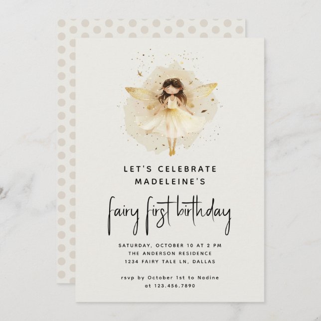 Fairy First Birthday Modern Pixie Elf 1st Birthday Invitation (Front/Back)