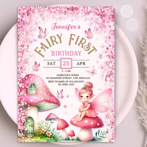 Fairy First Birthday Mushroom Enchanted Forest  Invitation