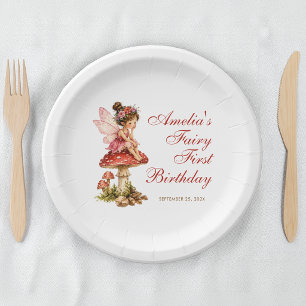 Fairy First Birthday Mushroom Red Script Cute Girl Paper Plates