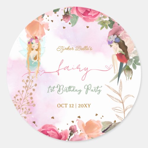 Fairy First Birthday Party Baby Girl  Classic Round Sticker