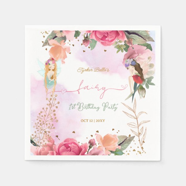 Fairy First Birthday Party Baby Girl  Napkins (Front)