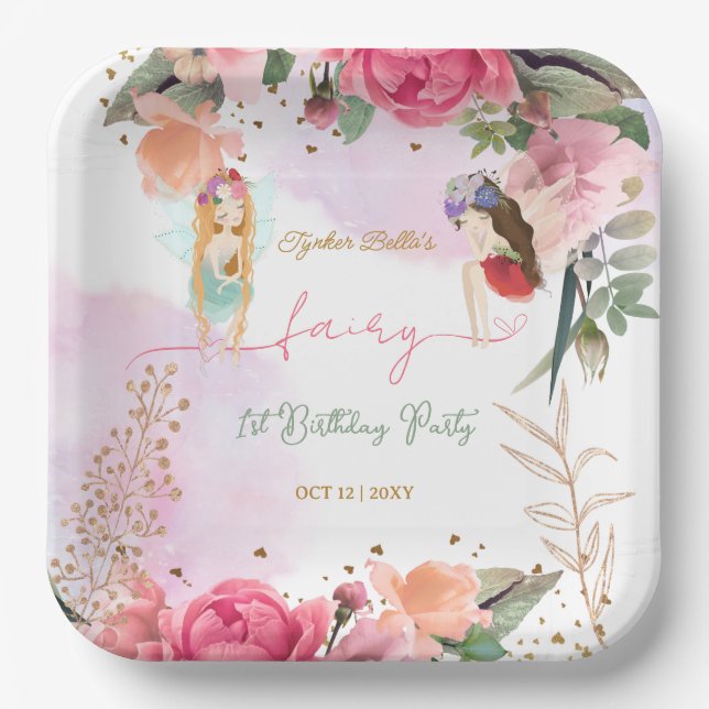Fairy First Birthday Party Baby Girl  Paper Plates (Front)