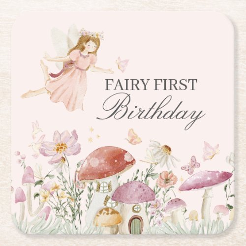Fairy First Birthday Party Decor Square Paper Coaster
