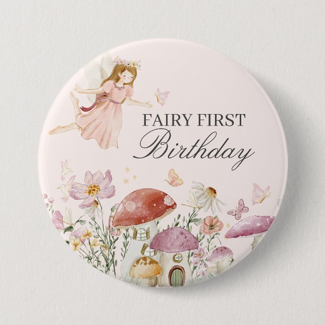Fairy First Birthday Party Dessert Favor Button (Front)