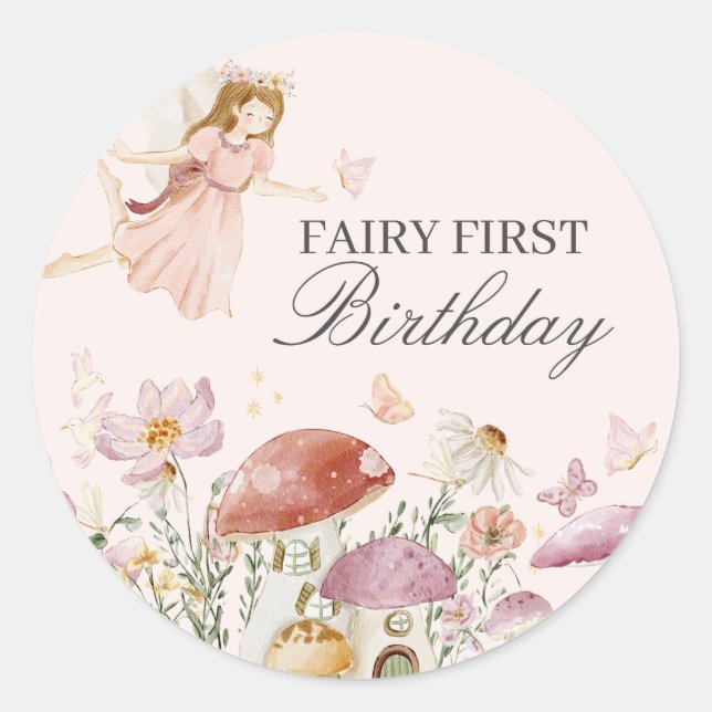 Fairy First Birthday Party Dessert Favor Classic Round Sticker (Front)