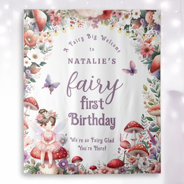 Fairy First Birthday Party Floral Welcome Backdrop (Fairy First Birthday Welcome Backdrop with Brown Hair Fairy Girl and Enchanted Garden.)