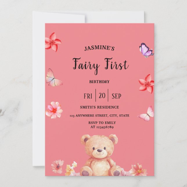 Fairy First  Birthday pink party Invitation (Front)