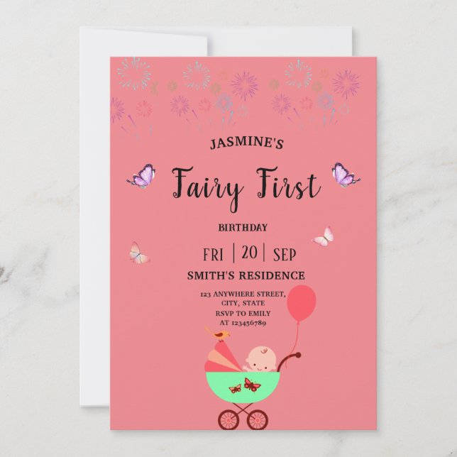 Fairy First  Birthday pink party Invitation (Front)