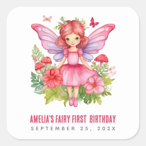 Fairy First Birthday Pink Pretty Girl Watercolor Square Sticker