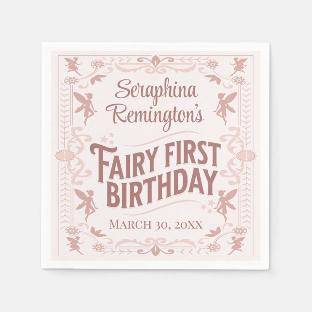 Fairy First Birthday Pink Sweet Girls Bday Party Napkins (Front)