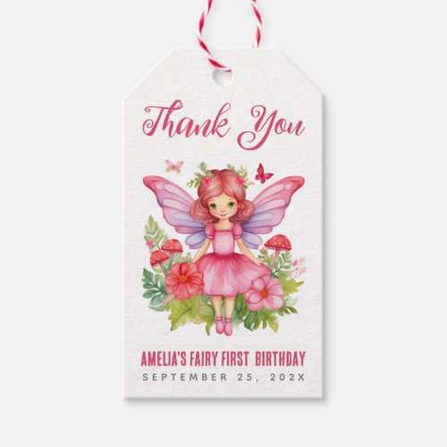 Fairy First Birthday Pretty Cute Girl Watercolor Gift Tags