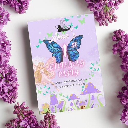 Fairy First Birthday Princess Butterfly Mushroom Invitation