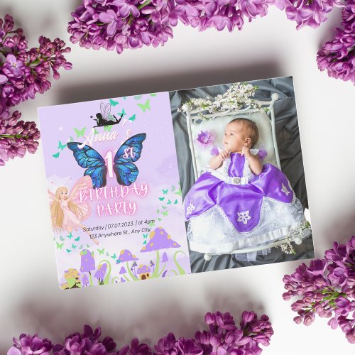 Fairy First Birthday Princess Butterfly Photo Invitation