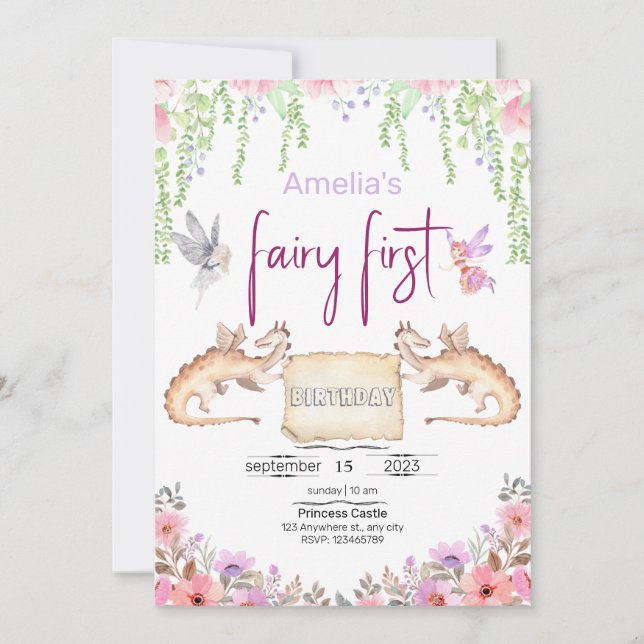 Fairy First Birthday Princess Floral Watercolor  Invitation (Front)