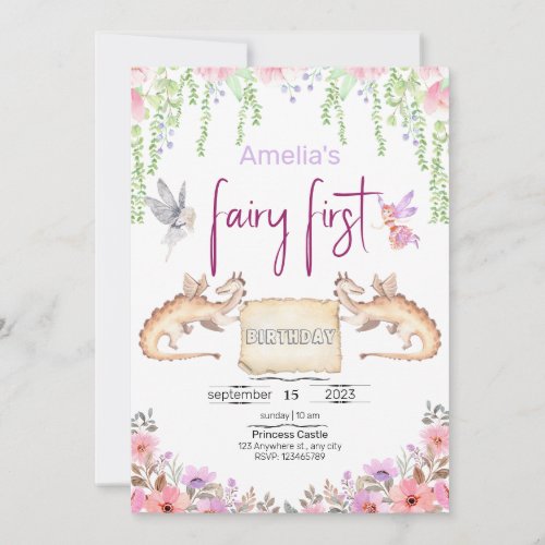 Fairy First Birthday Princess Floral Watercolor  Invitation