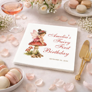 Fairy First Birthday Red Mushroom Cute Girl Script Napkins