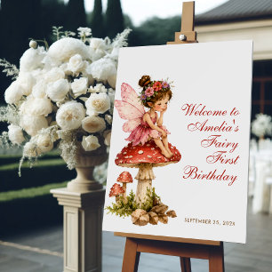Fairy First Birthday Welcome Red Script & Mushroom Foam Board