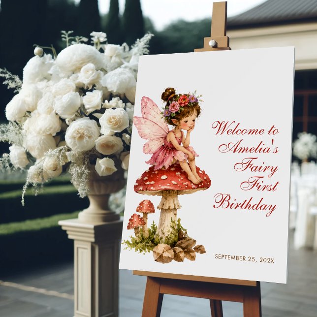 Fairy First Birthday Welcome Red Script & Mushroom Foam Board (Creator Uploaded)