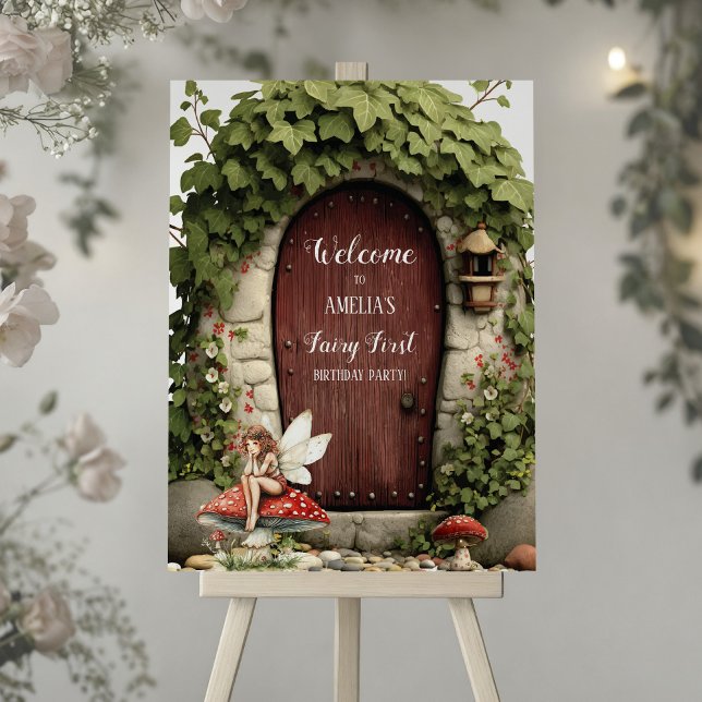 Fairy First Birthday Welcome Sign (Rustic Fairy Door Fairy First Birthday Welcome Sign)