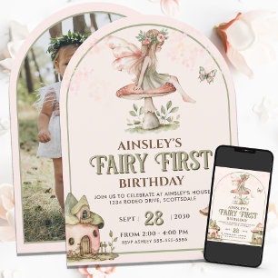 Fairy First Custom Photo Pink Sage 1st Birthday Invitation