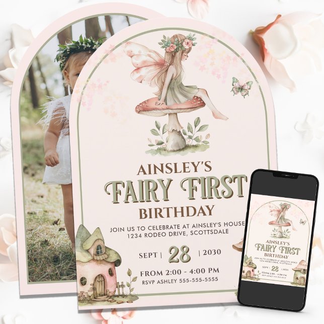 Fairy First Custom Photo Pink Sage 1st Birthday Invitation (Creator Uploaded)