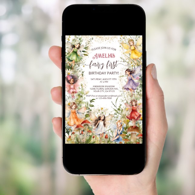 Fairy First Cute Floral Fairies Girls 1st Birthday Invitation (Front Digital)