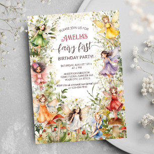 Fairy First Cute Floral Fairies Girls 1st Birthday Invitation