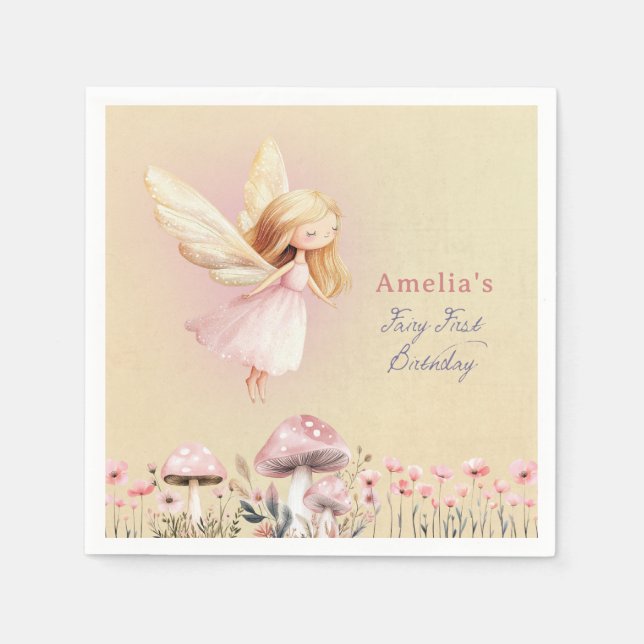 Fairy First Cute Girl's 1st Birthday Party Napkins (Front)