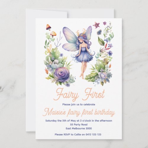 Fairy First Cute Watercolor 1st Birthday  Invitation