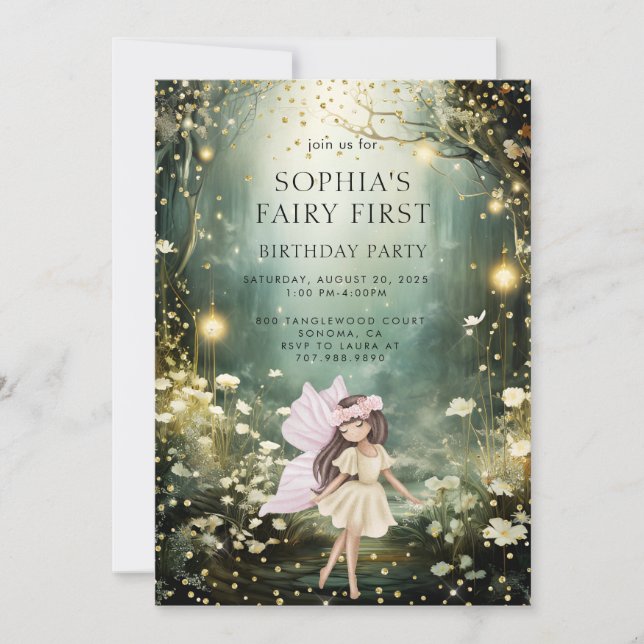 Fairy First Enchanted Forest Girl 1st Birthday Invitation (Front)