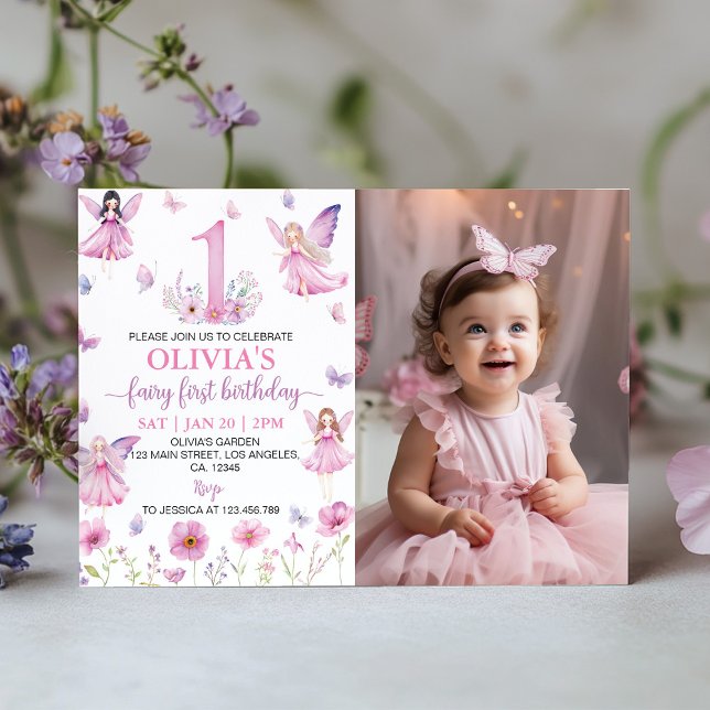 Fairy First Floral Garden Butterfly Birthday Photo Invitation (Creator Uploaded)
