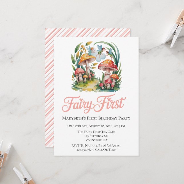 Fairy First Girl Birthday Party Invitation (Front/Back In Situ)