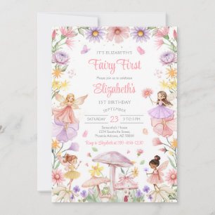 Fairy First Girl Floral 1st Birthday Invitation
