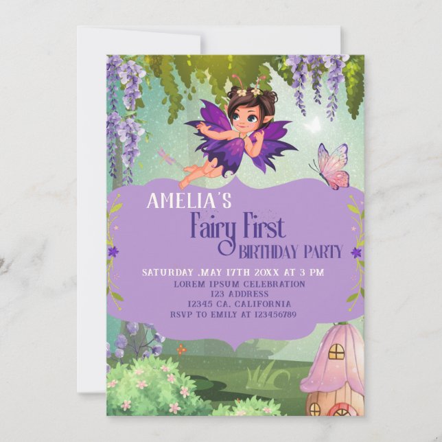 Fairy First Girl's 1st Birthday Enchanted forest Invitation (Front)
