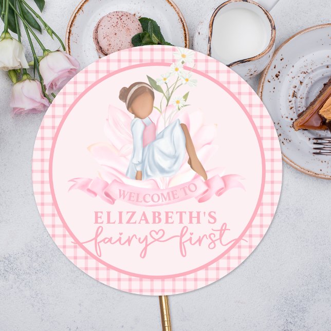 Fairy First Girl's 1st Birthday Party Personalized Classic Round Sticker (Creator Uploaded)