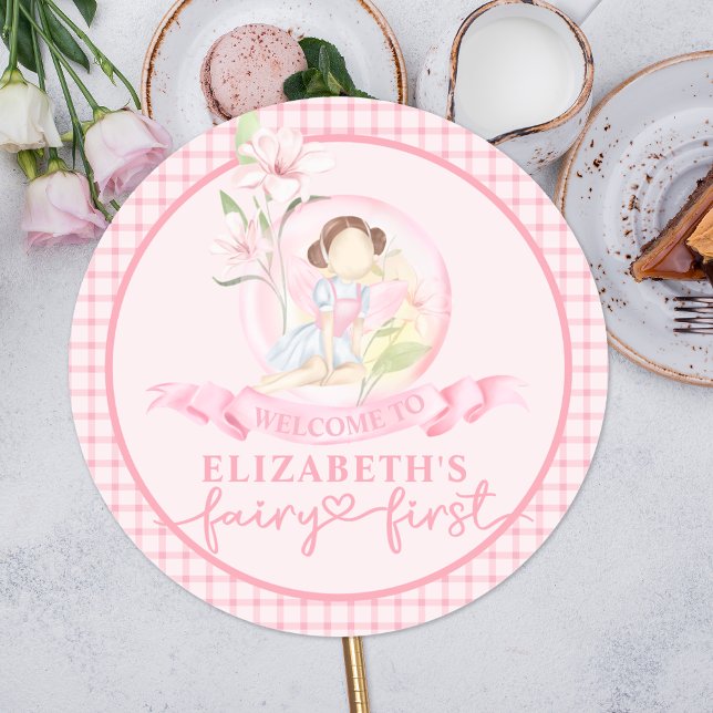 Fairy First Girl's 1st Birthday Party Personalized Classic Round Sticker (Creator Uploaded)