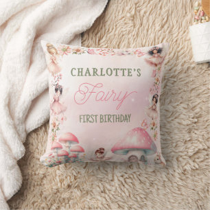 Fairy First Mushroom House Pink Birthday Throw Pillow