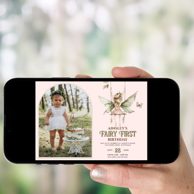 Fairy First Personalized Photo Pink 1st Birthday Invitation (Front Digital)