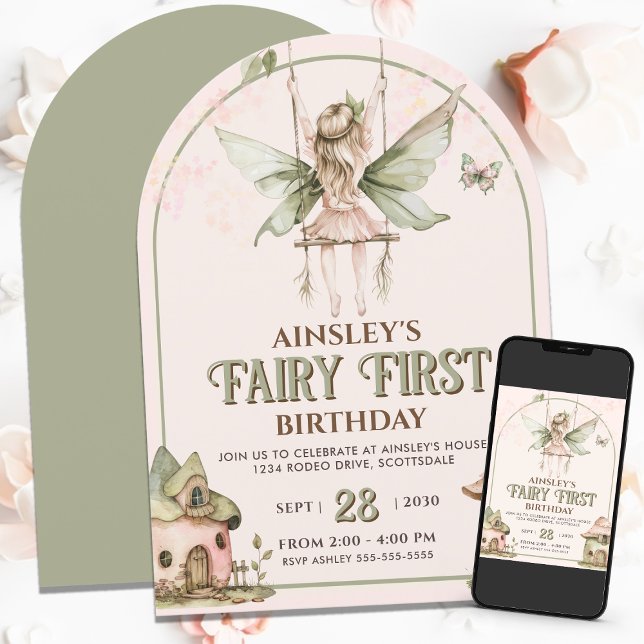 Fairy First Personalized Pink Sage 1st Birthday Invitation (Creator Uploaded)