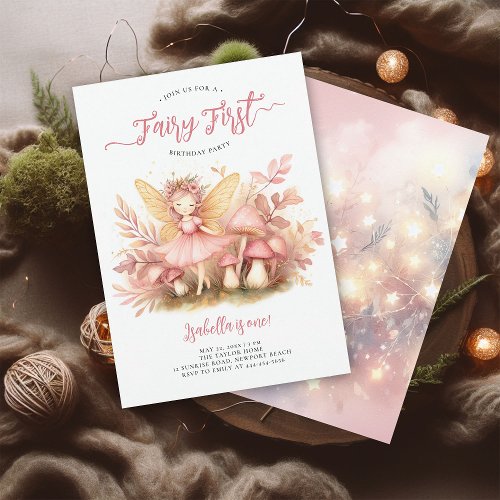 Fairy First Pink Gold Magical Girls 1st Birthday Invitation