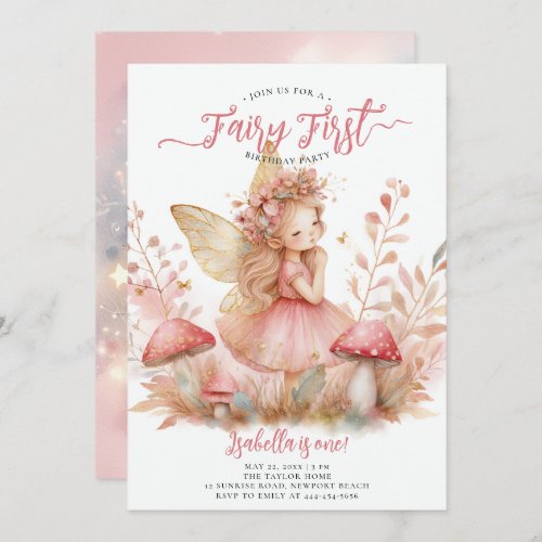 Fairy First Pink Gold Mushrooms Girls 1st Birthday Invitation