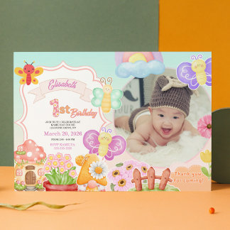 Fairy First Pink Photo Butterfly 1st Birthday Invitation