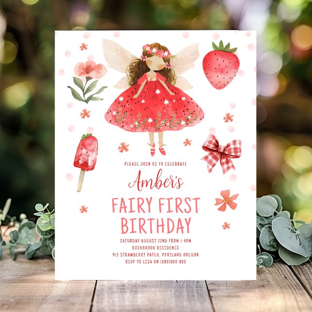 Fairy First Strawberry Budget Birthday Invitation (Creator Uploaded)
