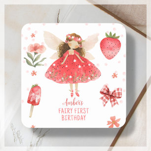 Fairy First Strawberry Fairy Birthday Favor Square Sticker