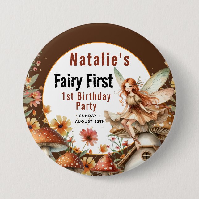 Fairy First Theme Girl's 1st Birthday Party Button (Front)