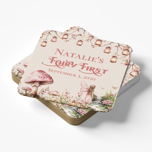 Fairy First Theme Girls 1st Birthday Party Custom Square Paper Coaster